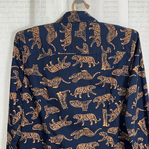 J. Crew S Navy Caramel Brown Tiger Print Signature Fit Stretch Cotton Shirt - Picture 5 of 13